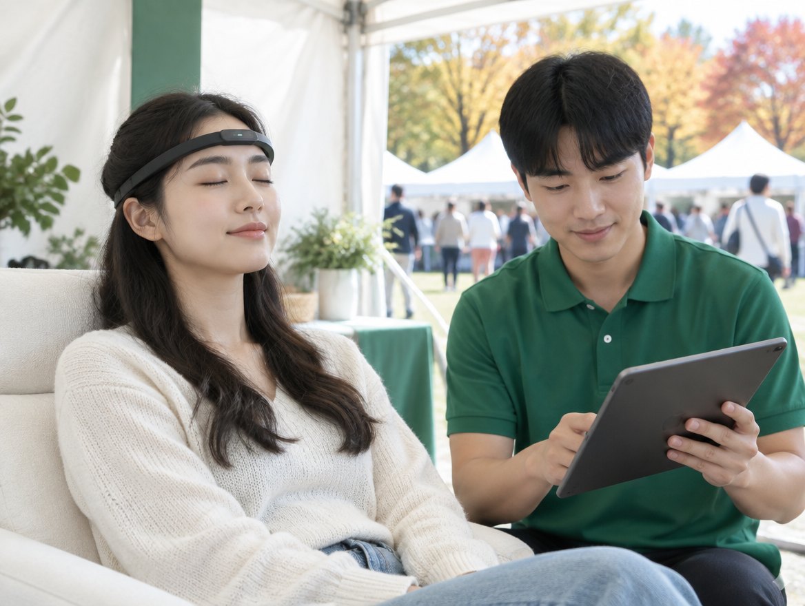 뇌파 측정 체험 예상 이미지 — 뇌파 측정 밴드를 착용한 방문객