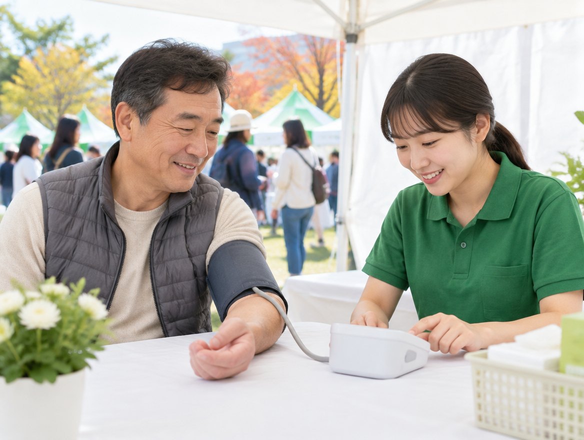 내 몸 건강 체크 예상 이미지 — 축제 부스에서 혈압을 재는 방문객