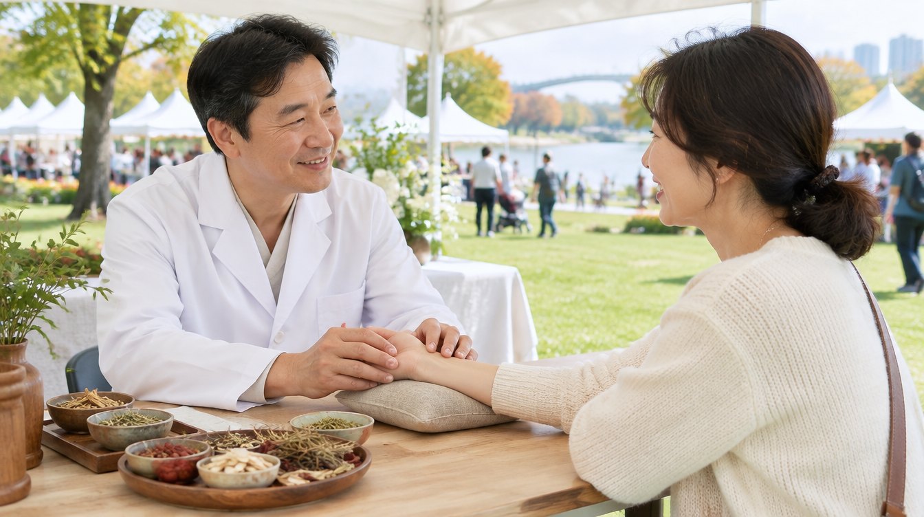 한의사 진료·상담 예상 이미지 — 한의사가 방문객의 맥을 짚으며 상담하는 모습